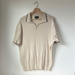 Tie Bar Cream Short-Sleeve Ribbed Polo with Dark Contrast Trim